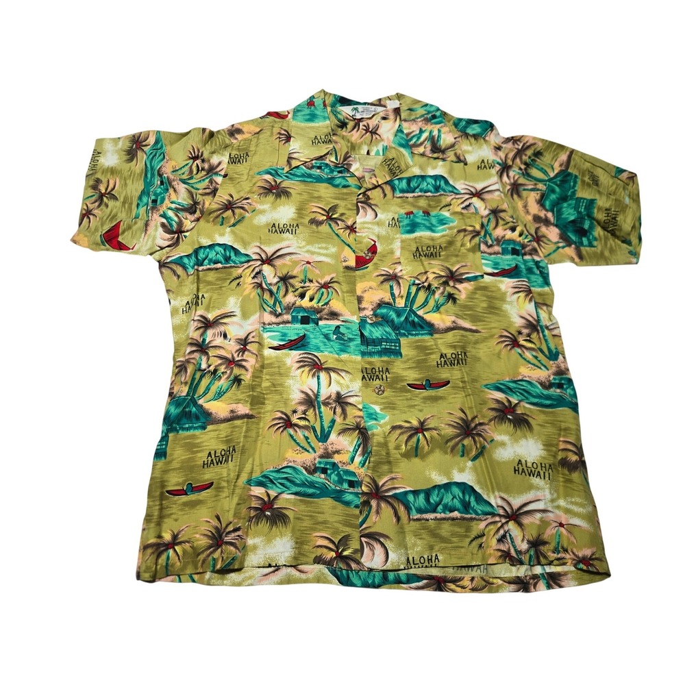 Vintage 70s Hawaiian Shirt Island Fashions Mens Large Green Rayon Aloha Scenic